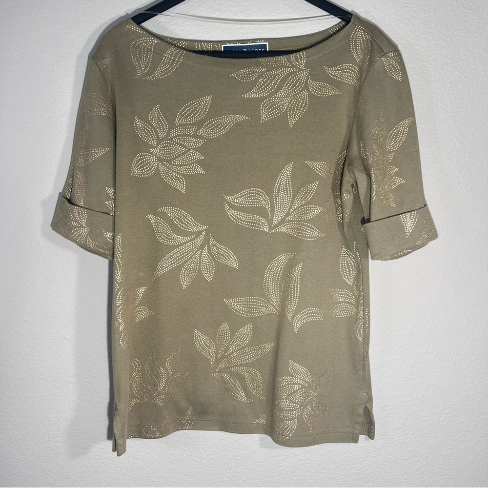Karen Scott Gold and Green Boat Neck Cuffed Sleeve Blouse
